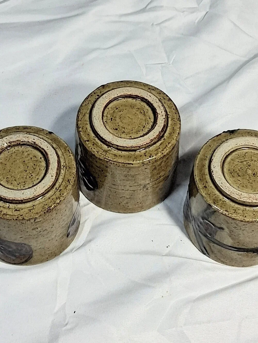 Set Of 3 Japanese Otagiri Sake/Tea/Candle Motives Stoneware Clay Cups 2.5